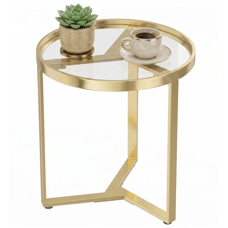 HOMCOM Round Side Table with Tempered Glass Top and Geometric Metal Frame for Small Space, Gold Tone