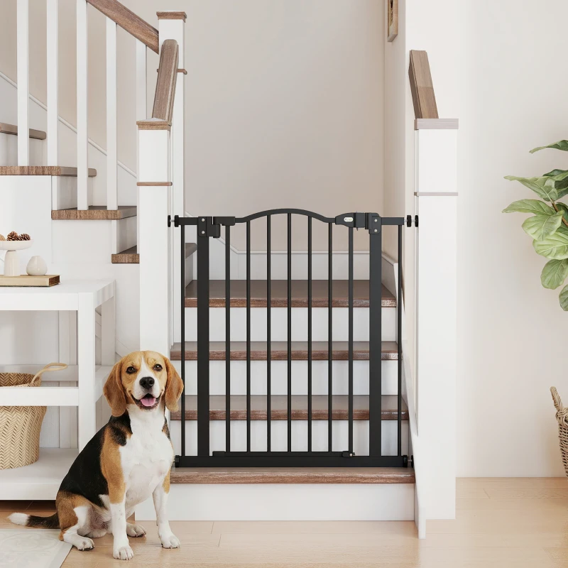 PawHut Metal 74-80cm Adjustable Pet Gate Safety Barrier w/ Auto-Close Door Black