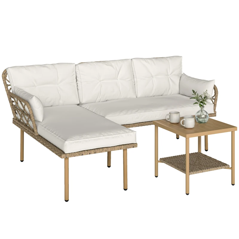 Outsunny Set mobilier grădină colțar 4 persoane, 3 piese cu măsuță și perne confortabile incluse, ratan împletit, crem