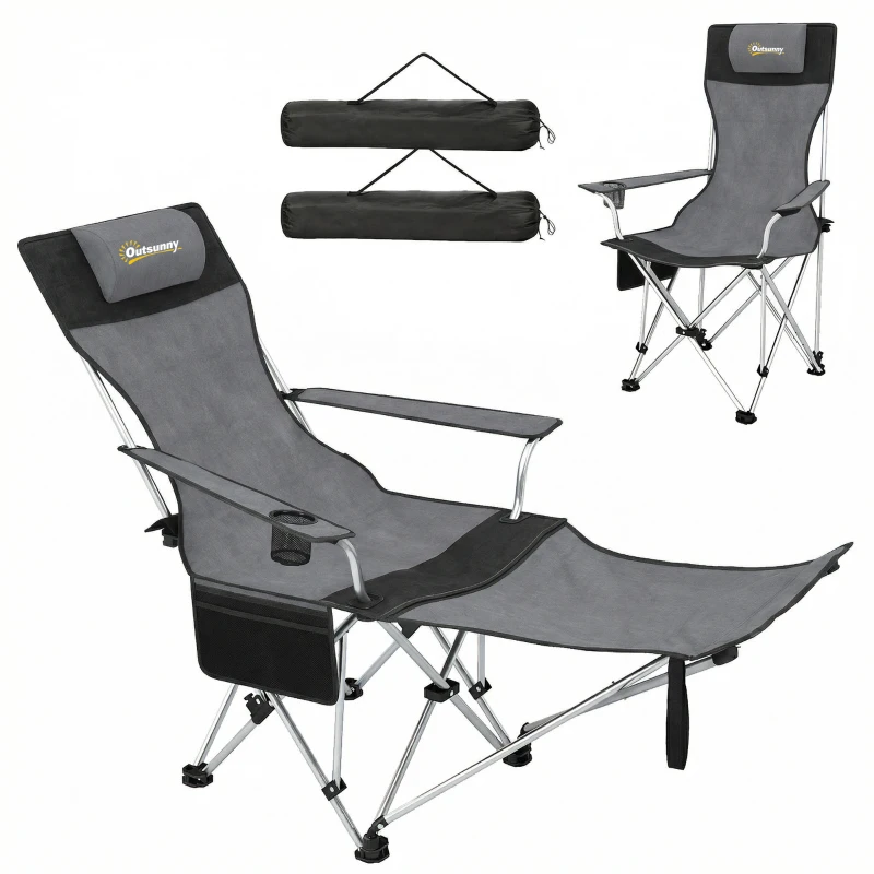 Outsunny Set 2 Sedie da Campeggio Pieghevoli con Poggiapiedi e Portabicchieri, 82x50/100x88 cm, Grigio