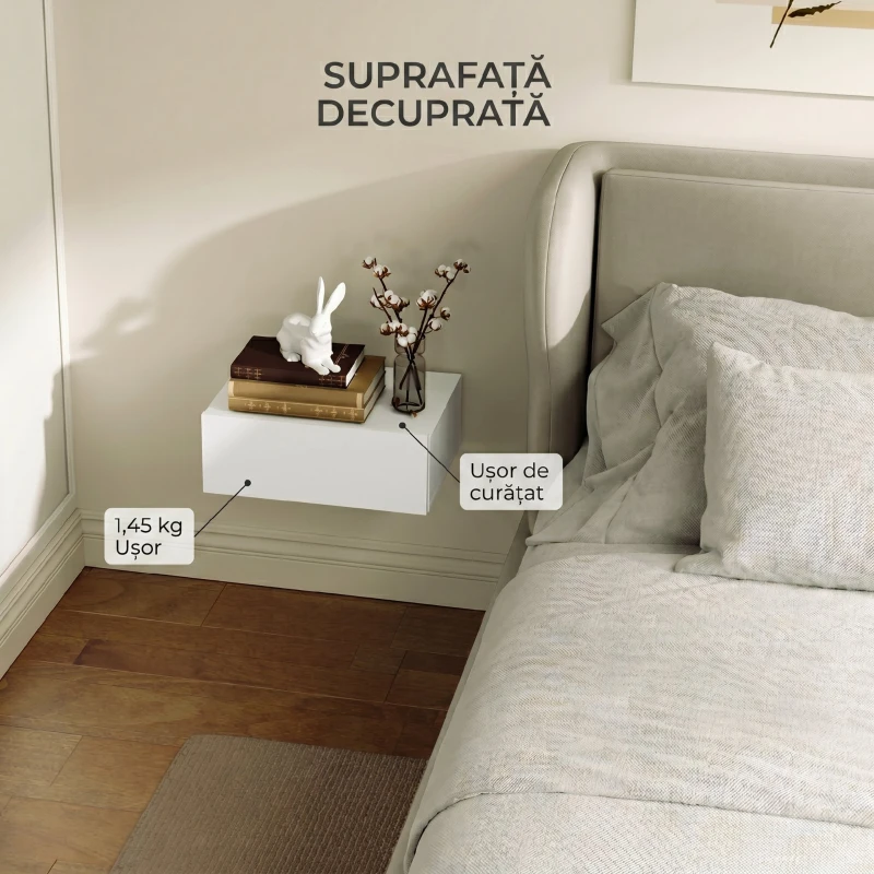 HOMCOM Noptier Suspendat Modern cu Sertar, din Lemn, 40x30x15 cm, Alb