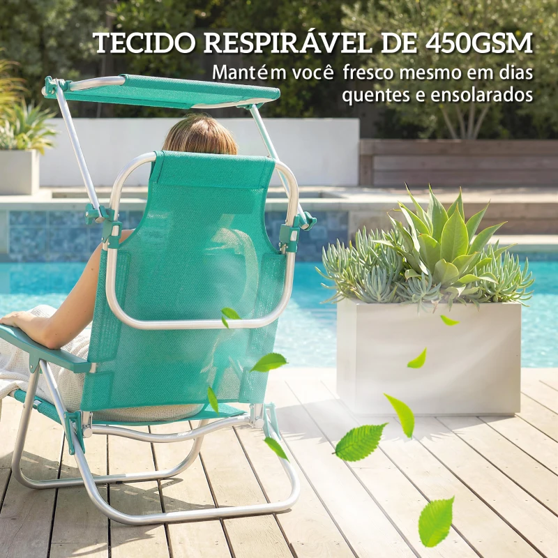 Outsunny Conjunto de 2 Cadeiras de Praia Dobráveis com Toldo Ajustável Encosto Reclinável em 6 Posições Apoio de Cabeça Turquesa