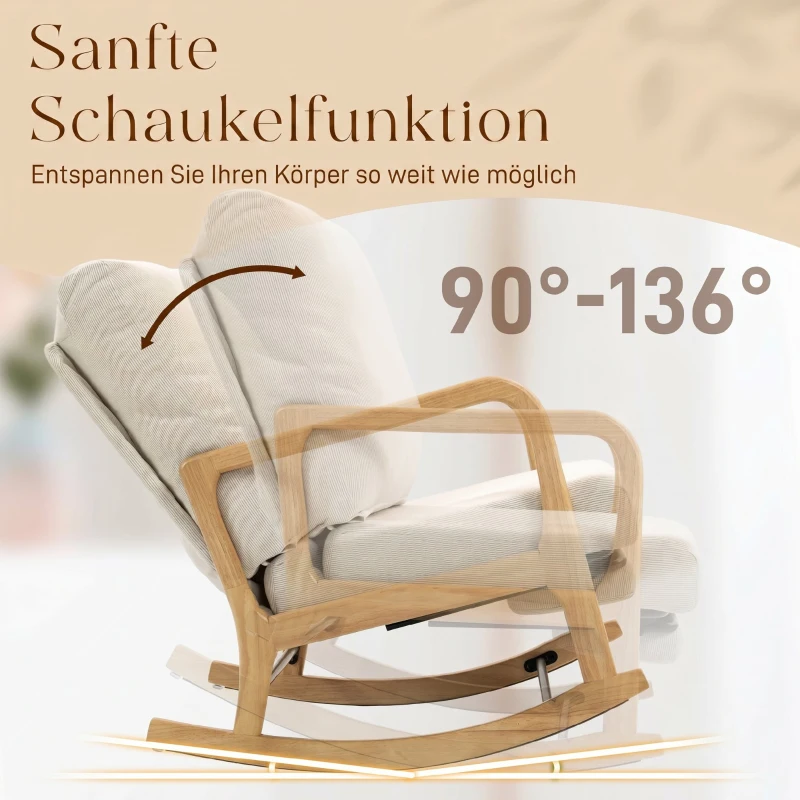 HOMCOM Schaukelstuhl Schaukelsessel mit Fußstütze verstellbar Rückenlehne Lendenkissen für Wohnzimmer, Schlafzimmer, Creme