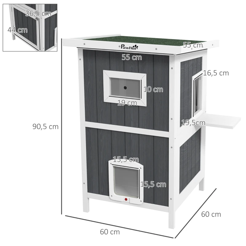 PawHut Cuccia per Gatti da Esterno in Legno a 2 Livelli con Tetto in Asfalto e 4 Porte, 60x60x90.5cm, Grigio