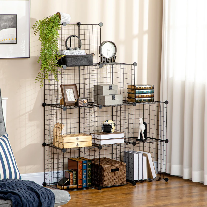 HOMCOM Estantería Modular 9 Cubos Estantería Apilable de Alambre DIY Organizador de Almacenamiento Multiuso para Salón Negro