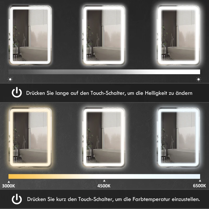 HOMCOM Badezimmerspiegel, beleuchtet, Touch-Steuerung, beschlagfrei, dimmbar, 3 Lichtfarben, 50x70, Silber