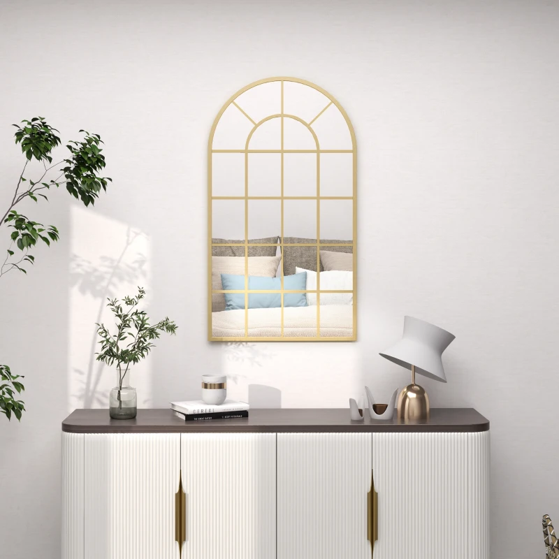 HOMCOM Wandspiegel, Fenster-Design, Flurspiegel, Metallrahmen, 110 x 65 cm, Gold