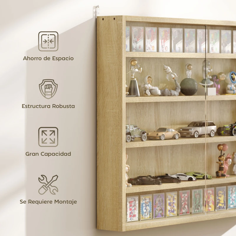 HOMCOM Vitrina de Pared de Madera con Estantes Ajustables y 2 Puertas Correderas de Cristal 80x9,5x60 cm Roble