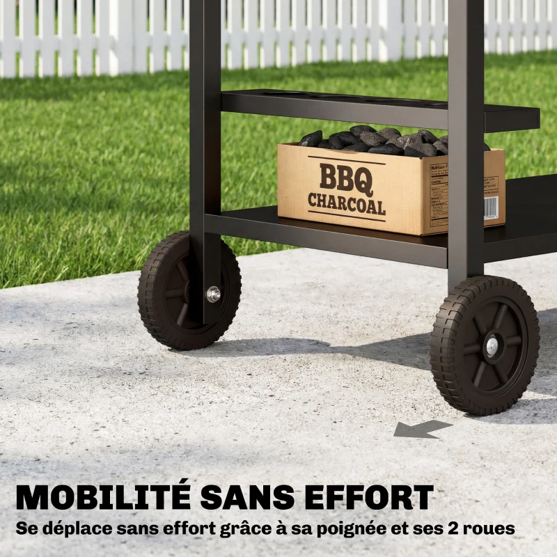 Outsunny Desserte jardin, chariot de barbecue sur roulettes avec porte-boissons et crochets, 97 x 51 x 83 cm, noir et marron