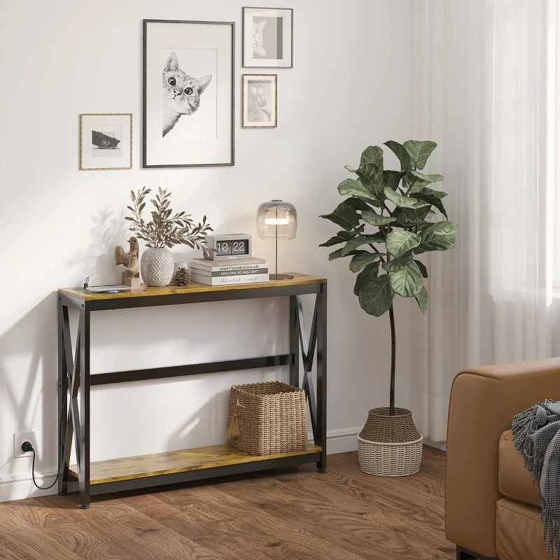 HOMCOM Mesa de Entrada de 2 Niveles con Estación de Carga 2 USB y Marco de Acero Mueble de Recibidor 100x24x75cm Marrón Rústico