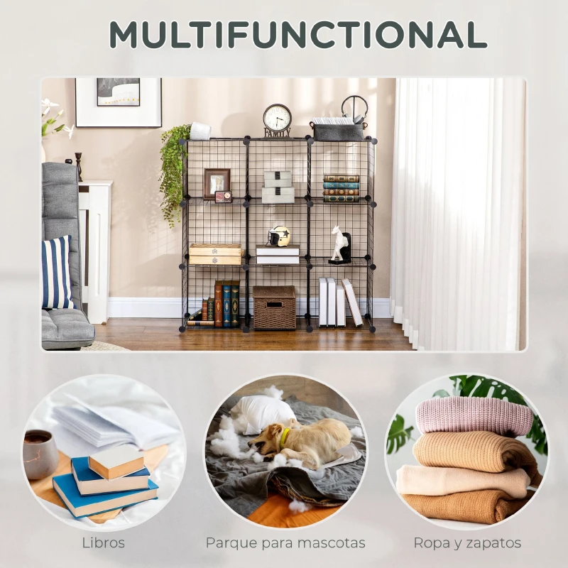 HOMCOM Estantería Modular 9 Cubos Estantería Apilable de Alambre DIY Organizador de Almacenamiento Multiuso para Salón Negro