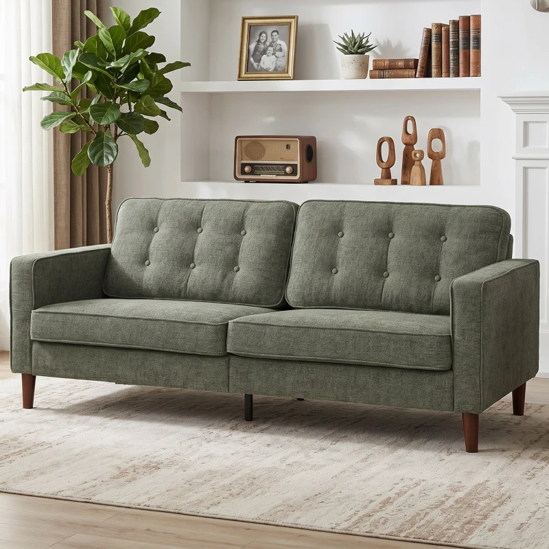 HOMCOM 3 Seater Sofa Button Tufted Upholstered Couch with Wood Legs for Living Room, Green