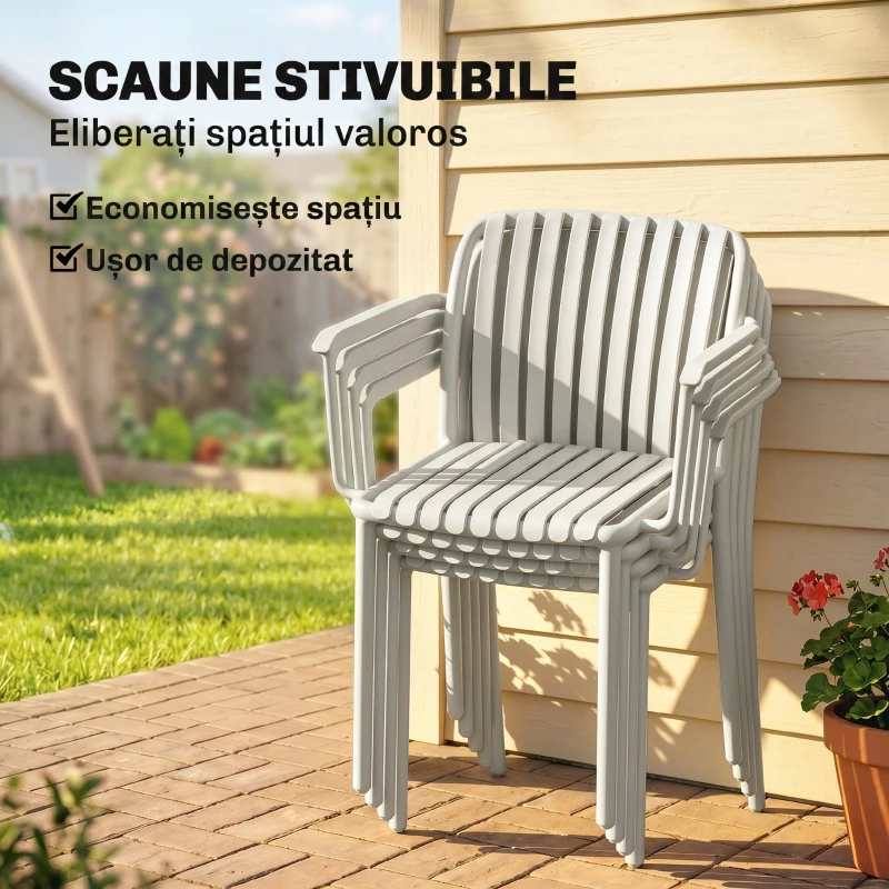 Outsunny Set de 4 Scaune de Grădină Stackabile, Design Lamelar și Cotiere.
