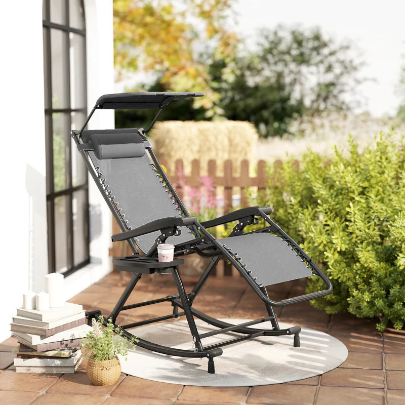 Outsunny Garden Rocking Chair Folding Recliner Outdoor Adjustable Sun Lounger Rocker Zero-Gravity Seat with Headrest Side Holder Patio Deck - Grey