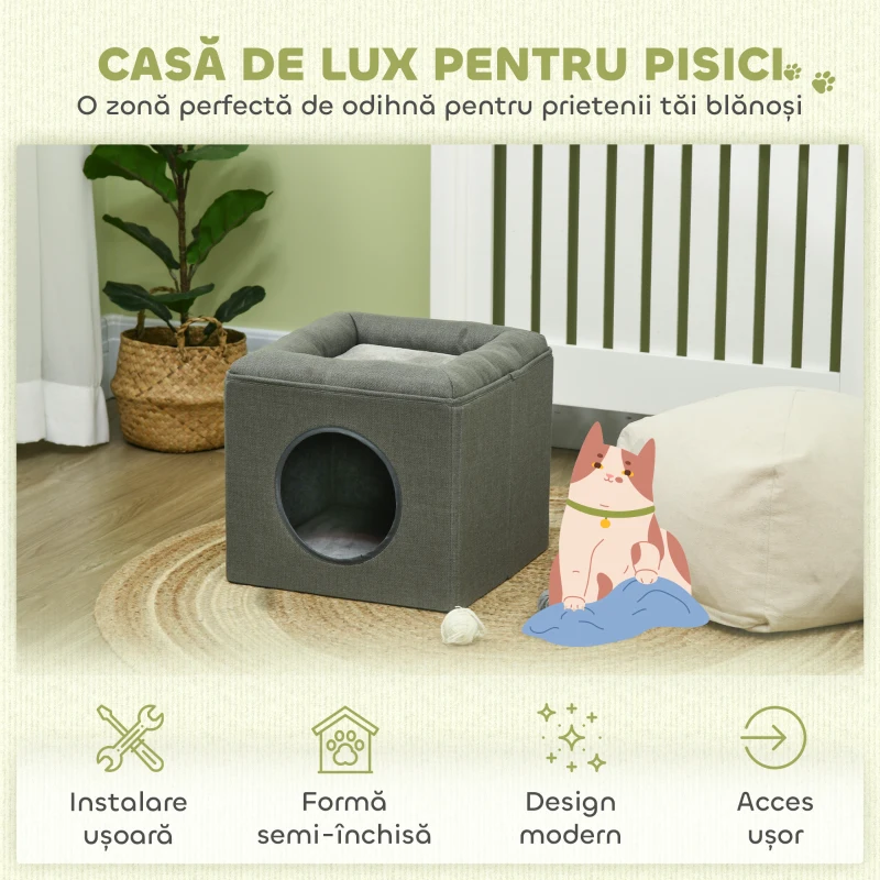 PawHut Căsuță pentru Pisici cu 2 Niveluri, cu Pernă din Pluș, din Lemn, Poliester și Plastic, 36,5x36,5x33 cm, Verde