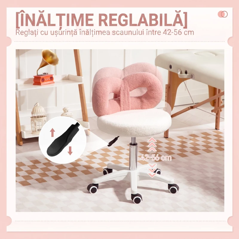 HOMCOM Scaun rotativ cu înălțime reglabilă, cu spătar curbat, din material Teddy, 50x50x63-77 cm, alb și roz