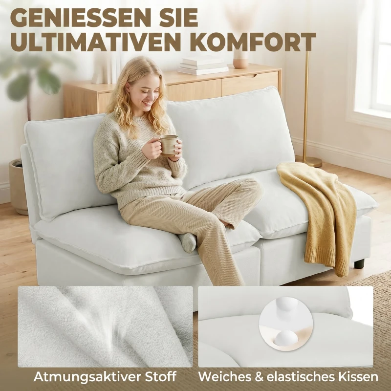 HOMCOM 2-Sitzer-Sofa, 146 cm Kunstleder-Modularsofa mit breiter und tiefer Sitzfläche, dicken Kissen, einfache Montage, Grau