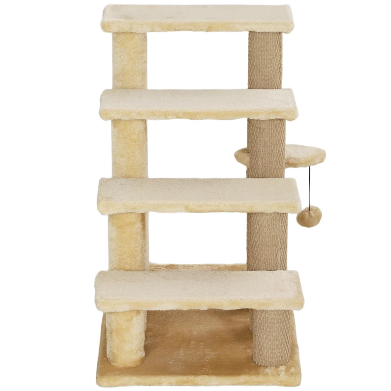 PawHut 4-step Pet Stairs with Scratching Posts, Platforms, Toy Ball, Beige