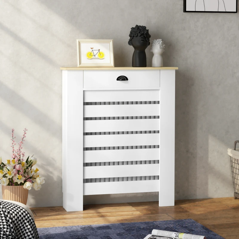 HOMCOM Couvercle de radiateur cache radiateur grille à lattes horizontales avec 2 tiroirs en bois 78l x 19P x 95,5H cm blanc
