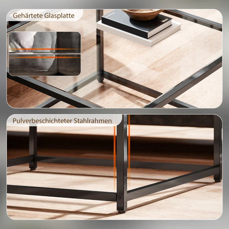 HOMCOM Beistelltisch Quadratisch Nachttisch mit Hartglas-Tischplatte, Couchtisch mit Beinen aus Stahl 68 x 68 x 39 cm Schwarz