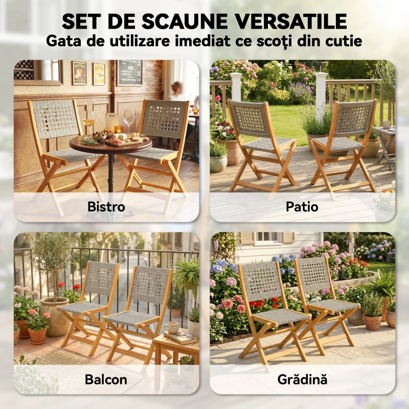 Outsunny Set de 2 Scaune de Grădină Pliabile din Lemn de Salcâm, Gri
