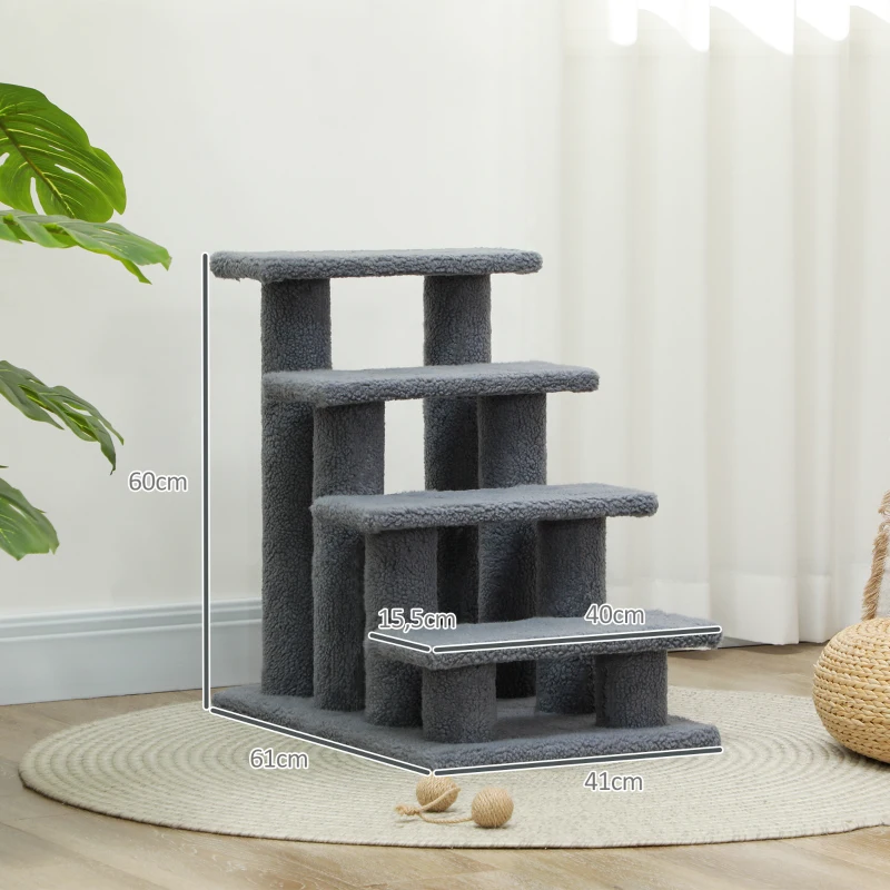 PawHut Scaletta per Cani e Gatti a 4 Gradini con Rivestimento in Peluche, 61x41x60 cm, Grigio
