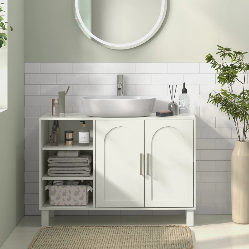 HOMCOM Mobile Sottolavabo per Bagno a 2 Ante, Ripiani Aperti, Ripiani Regolabili, Adatto a Lavabi senza Colonna,  90x30x63 cm, Crema