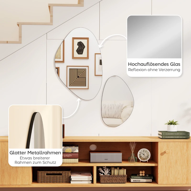 HOMCOM Wandspiegel 2er-Set 70 x 46 cm, 49,5 x 31 cm Fenster Spiegel mit Metallrahmen Hängespiegel in Kieselform, Schwarz