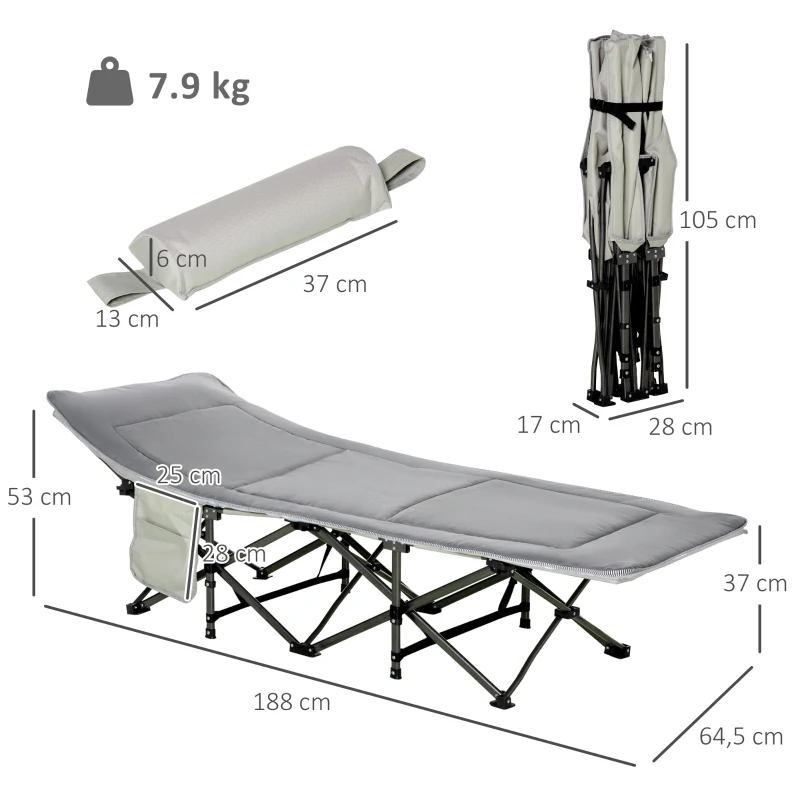 Outsunny Lit de camp pliable transat avec matelas, appui-tête, pochette latérale et sac intégré, en métal et tissu Oxford, gris