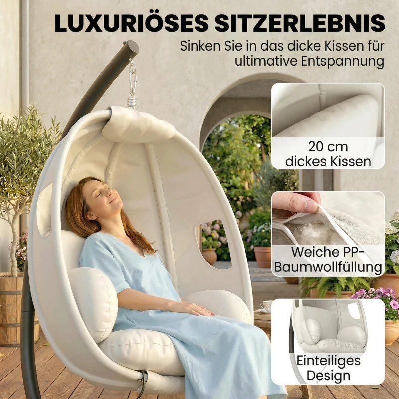 Outsunny Hängesessel mit Gestell, faltbar Hängekorb mit dick Sitzpolstern verstellbarer Höhe Sicherheitsgurt bis 120 kg
