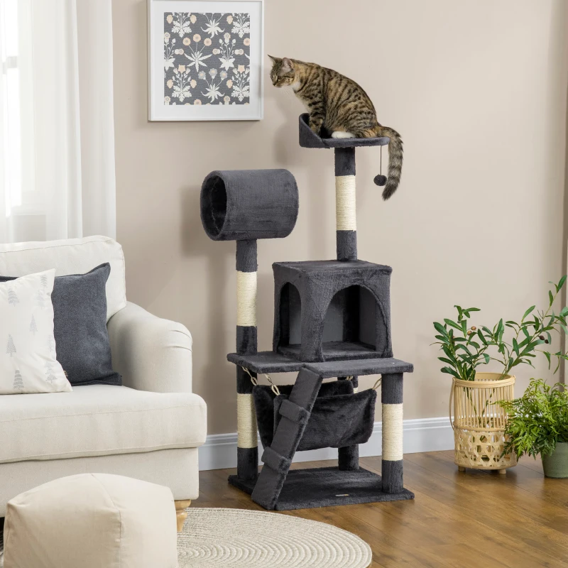 PawHut Albero per Gatti con Tiragraffi per Gatti, Casetta per Gatti, Amaca, Letto, Tunnel e Pallina, 48x48 x125 cm, Grigio Scuro
