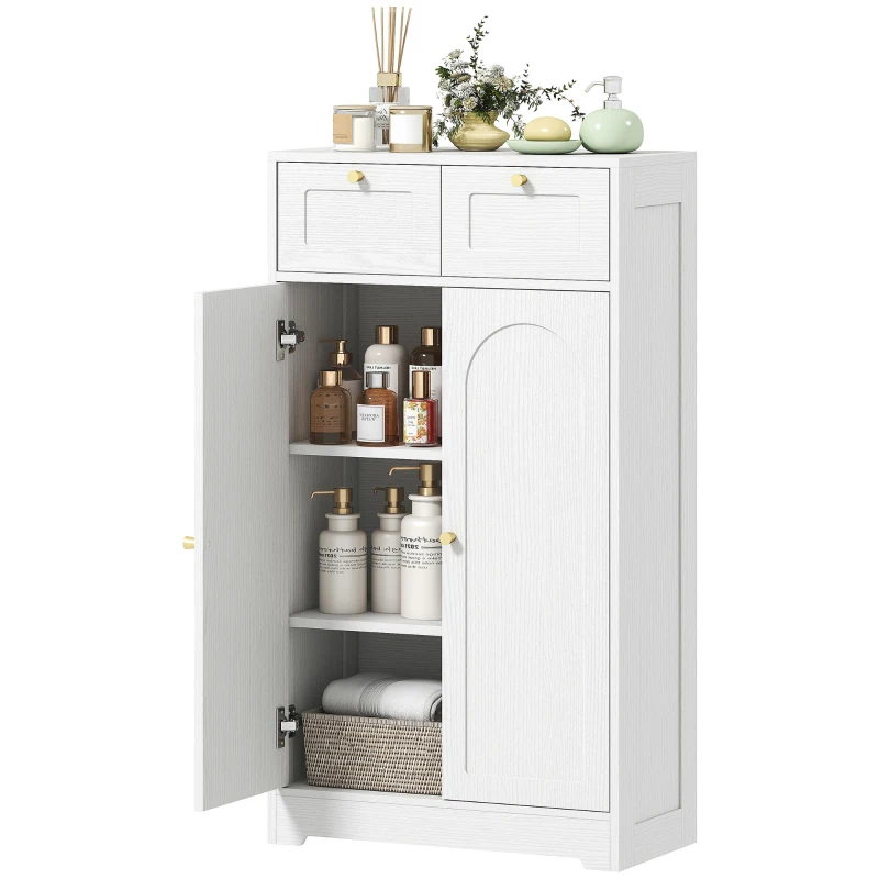 HOMCOM Armario de Baño Estrecho con 2 Cajones Estante Abierto y Puerta con Panel Arqueado 60x30x108 cm Blanco Veteado
