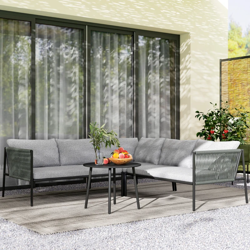 Outsunny Mobilier de Grădină din Ratan cu Colțar Modular, Măsuță de Cafea și Perne, Gri