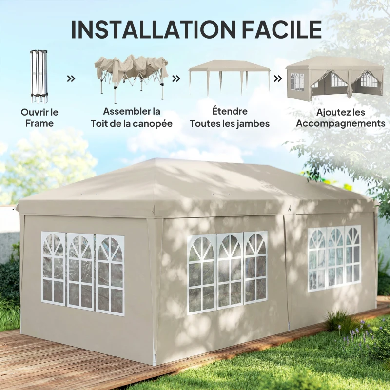 Outsunny Tonnelle de jardin exterieur 6x3m tonnelle pliante avec Parois Anti UV Hauteur Réglable avec Sac de Transport beige