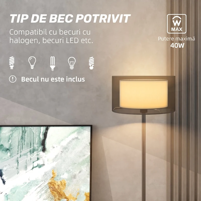 HOMCOM Lampadar Modern cu Abajur Dublu și Întrerupător cu Pedală, Ø33 x 152,5 cm, Negru
