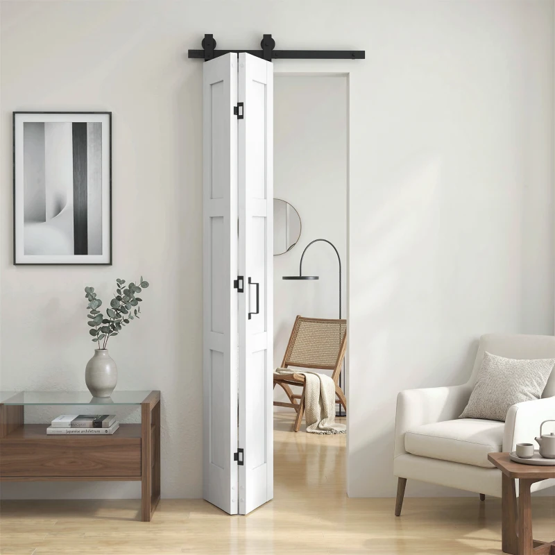 HOMCOM Porta Scorrevole Pieghevole in Legno 71.2x213.4 cm con Binario in Acciaio, Maniglia, Guida e Ruote, Bianca e Nera