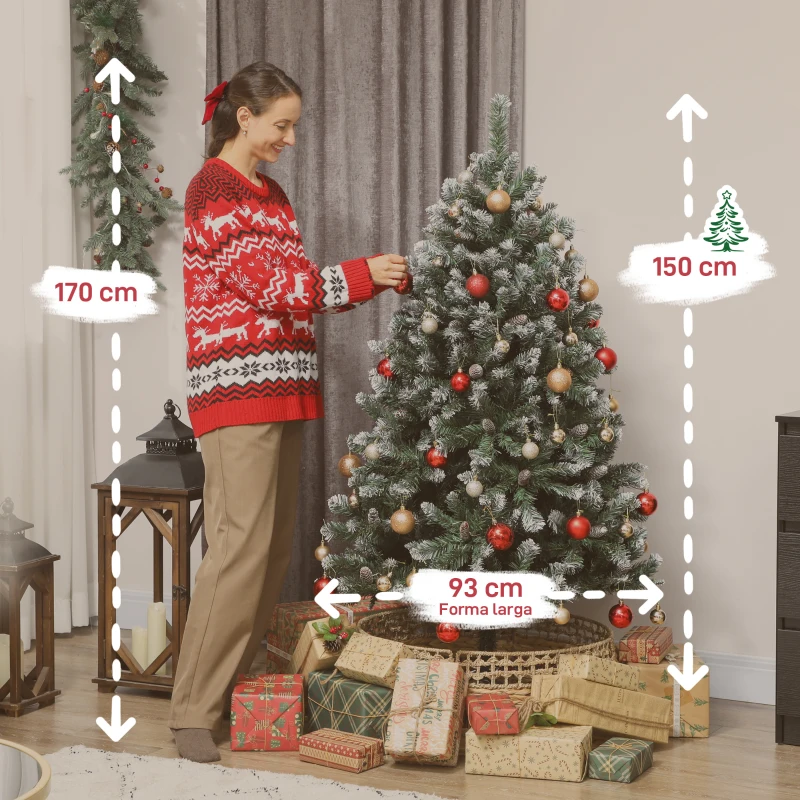 HOMCOM Árvore de Natal Artificial 150 cm Árvore de Natal com 581 Ramos com Efeito Neve 44 Pinhas Verde