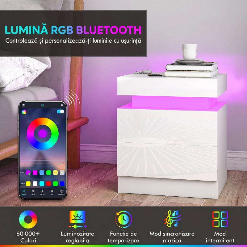 HOMCOM Set 2 Noptiere LED cu 4 Moduri, 2 Sertare, PAL, 45x35x52 cm, Alb Lucios