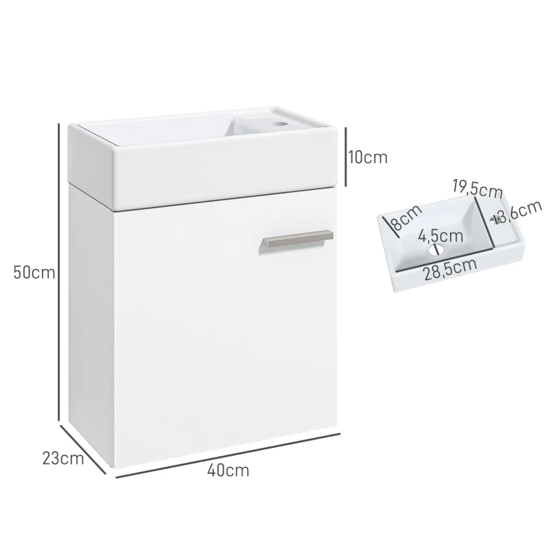 HOMCOM Mueble de Baño con Lavabo de Pared con Puerta con Cierre Suave y Armario 40x23x50 cm Blanco Brillante