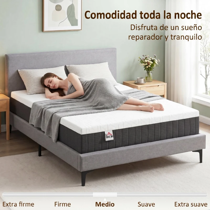 HOMCOM Colchón 190x135 cm Grosor 25 cm Colchón Viscoelástico de Muelles Ensacados de 7 Zonas Firmeza Media Funda Lavable