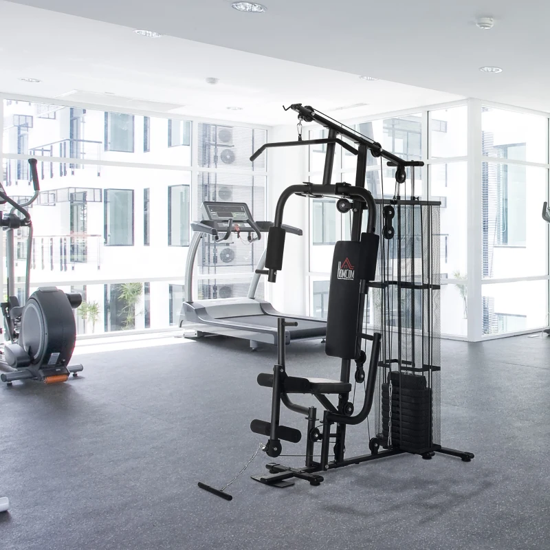 HOMCOM Station de musculation entrainement complet développé couché butterfly barre latissimus curler bande résistance 10 contrepoids 45 kg avec filet de protection acier noir(m-10)