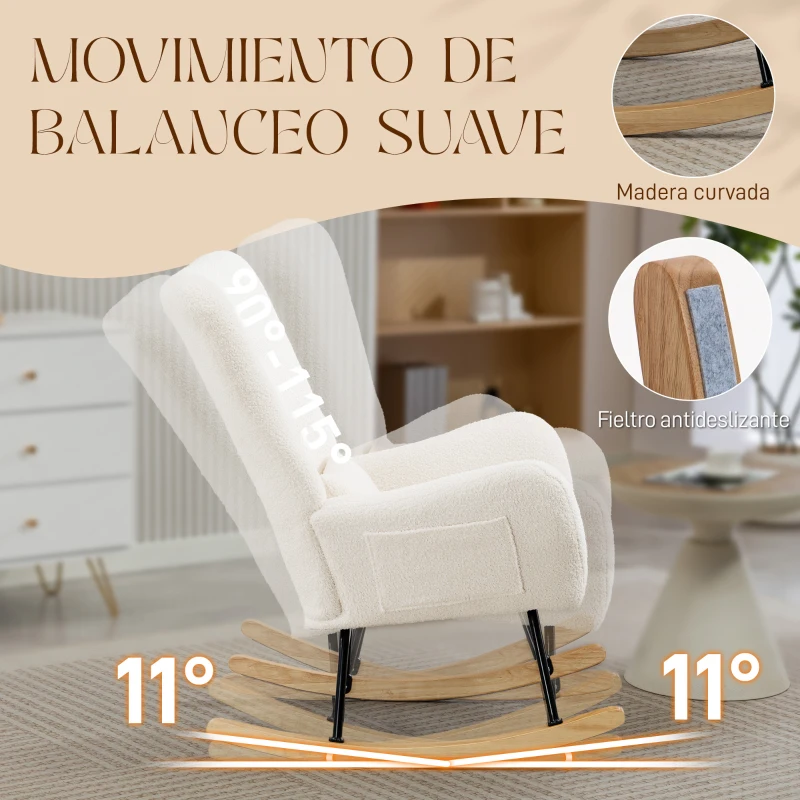 HOMCOM Mecedora de Terciopelo de Teddy con Respaldo Acolchado Almohada y Base de Madera de Caucho Carga 120 kg Crema