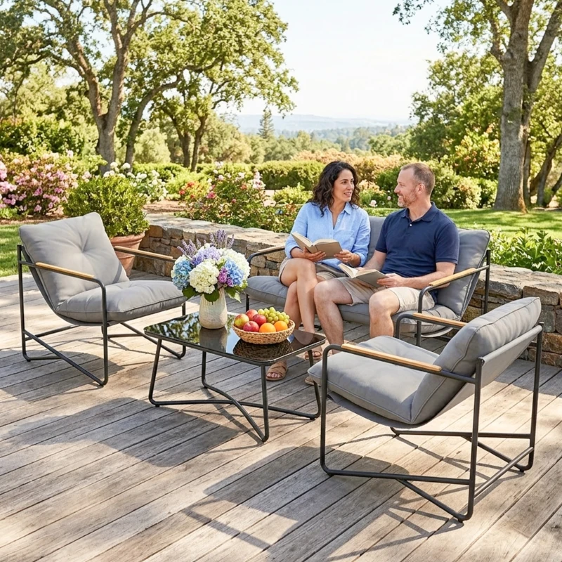 Outsunny Salon de Jardin 4 Pièces Ensemble avec Canapé 2 Places, 2 Fauteuils et Table Basse Verre Trempé Coussins 13cm Gris Clair