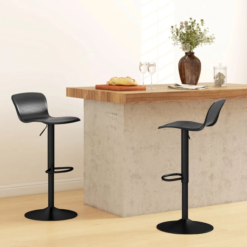 HOMCOM Set 2 scaune de bar cu spătar, rotative și cu înălțime reglabilă, polipropilenă, negru