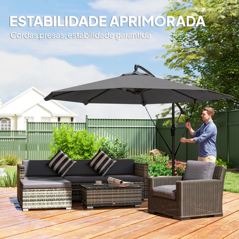 Outsunny Chapéu de Sol Excêntrico Ø300 cm com Base Cruzada Manivela Capa Protetora e Cordas de Vento Cinza Escuro