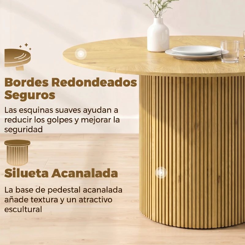HOMCOM Mesa de Comedor Redonda Moderna para 4-6 Personas Mesa de Cocina de 110 cm con Base Cilíndrica Acanalada Roble