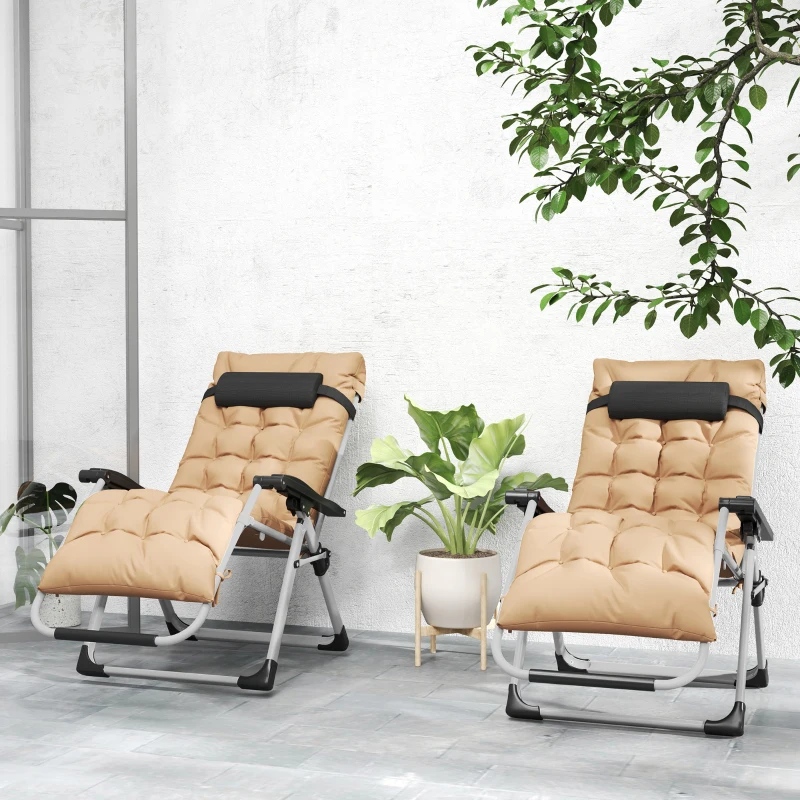Outsunny 2 Piece Reclining Zero Gravity Sun Loungers with Cushions, Khaki