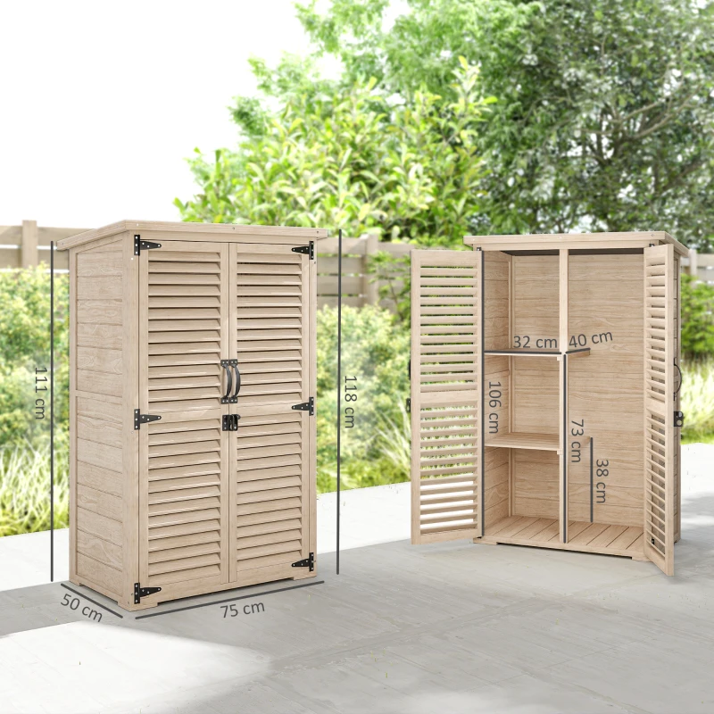 Outsunny Caseta de Jardín de Madera 75x50x118 cm Armario para Almacenaje de Herramientas con 2 Estantes y 2 Puertas Natural