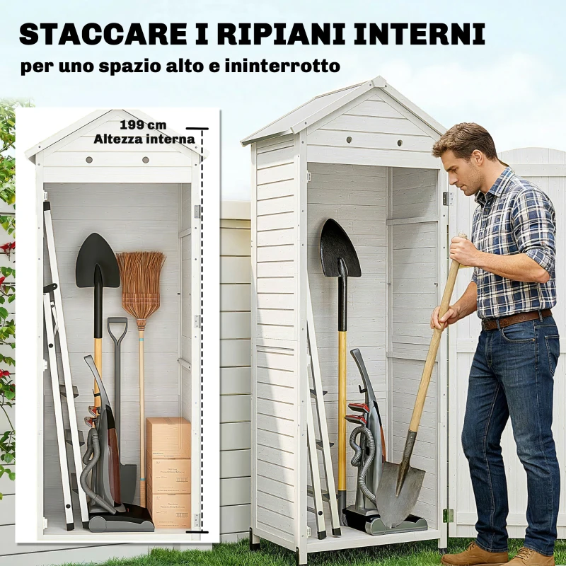 Outsunny Casetta porta Attrezzi in Legno con Tetto in Metallo e Scaffali Regolabili, 85x58x213 cm, Bianco