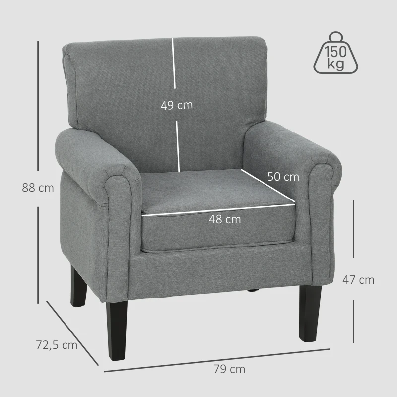 HOMCOM Butaca de Salón Tapizada en Tela Sillón Relax con Reposabrazos Asiento Extraíble para Dormitorio 79x72,5x88 cm Gris